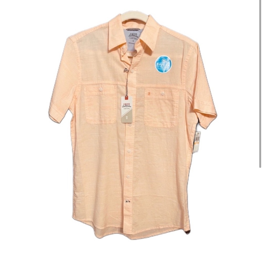 IZOD Men’s Peach Short Sleeve Button-Down Shirt NWT Size Small – Saltwater Fit - Picture 2 of 3